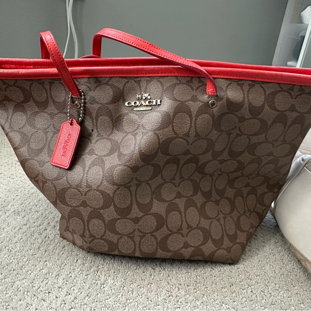 Coach Red and Brown Signature Tote Bag